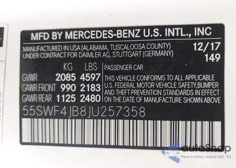 2018 Mercedes-Benz C 300 из США, поврежденный, VIN 55SWF4JB8JU257358